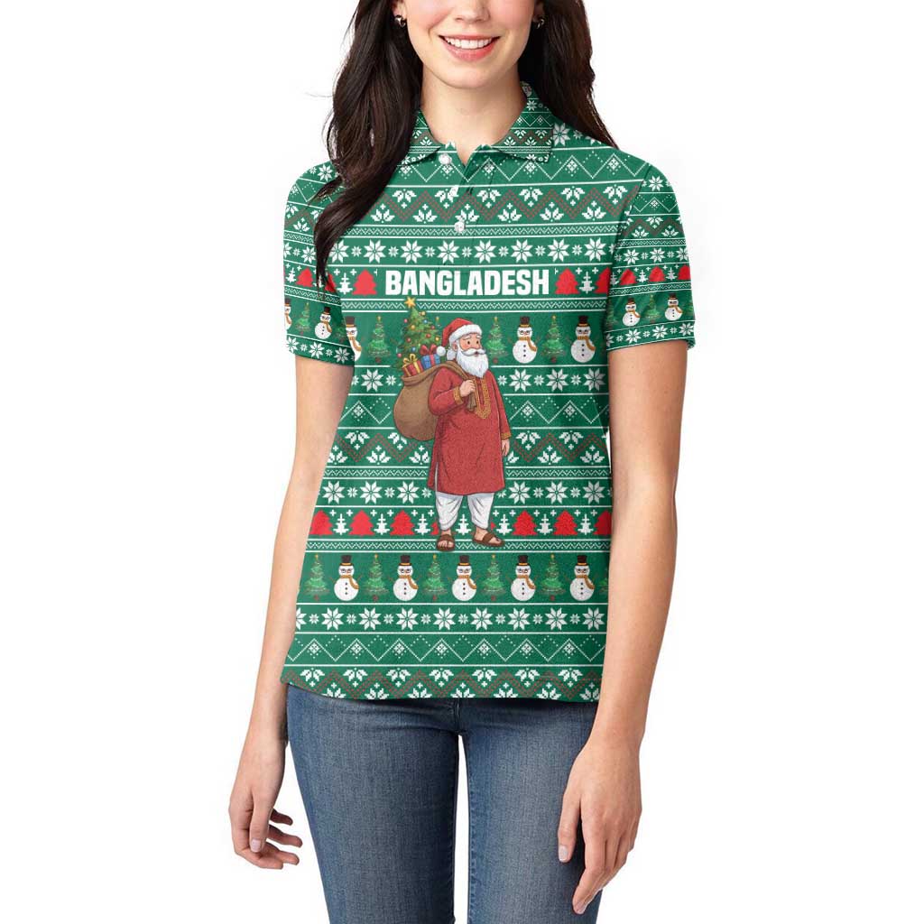Bangladesh Christmas Women Polo Shirt with Santa Claus in Traditional Outfit Snowman and Tree Pattern - Wonder Print Shop