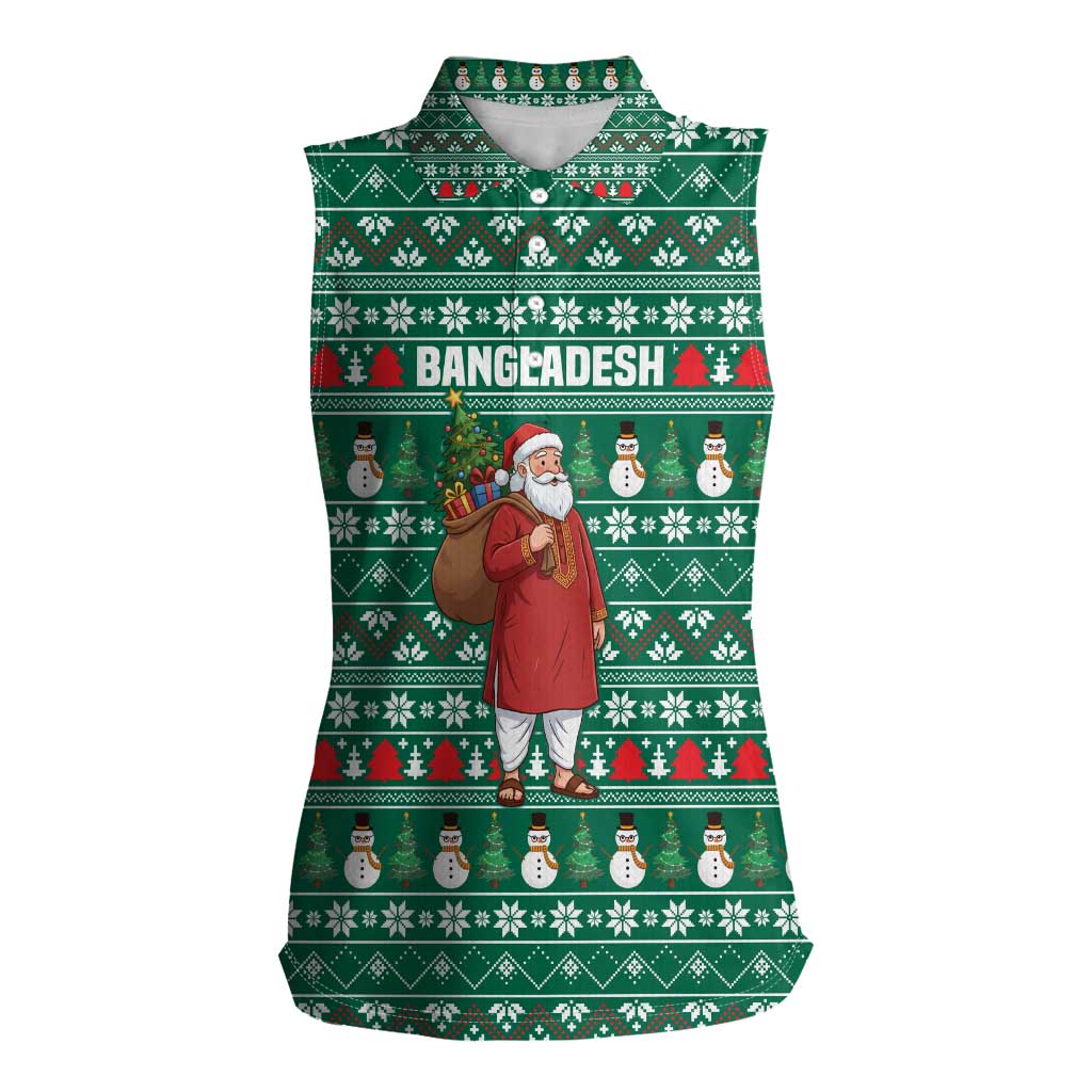 Bangladesh Christmas Women Sleeveless Polo Shirt with Santa Claus in Traditional Outfit Snowman and Tree Pattern - Wonder Print Shop