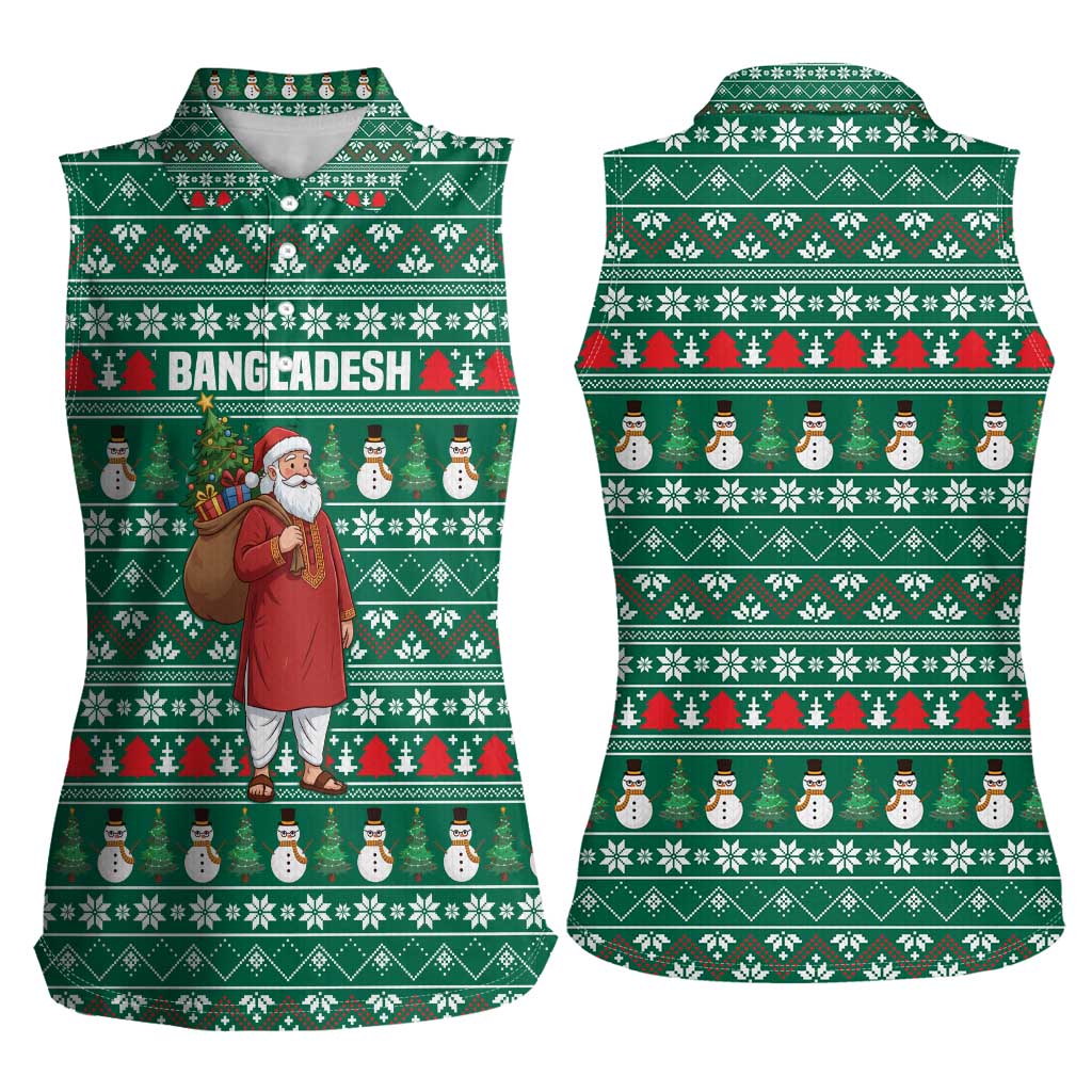 Bangladesh Christmas Women Sleeveless Polo Shirt with Santa Claus in Traditional Outfit Snowman and Tree Pattern - Wonder Print Shop