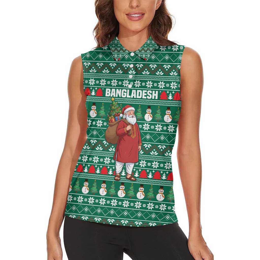 Bangladesh Christmas Women Sleeveless Polo Shirt with Santa Claus in Traditional Outfit Snowman and Tree Pattern - Wonder Print Shop