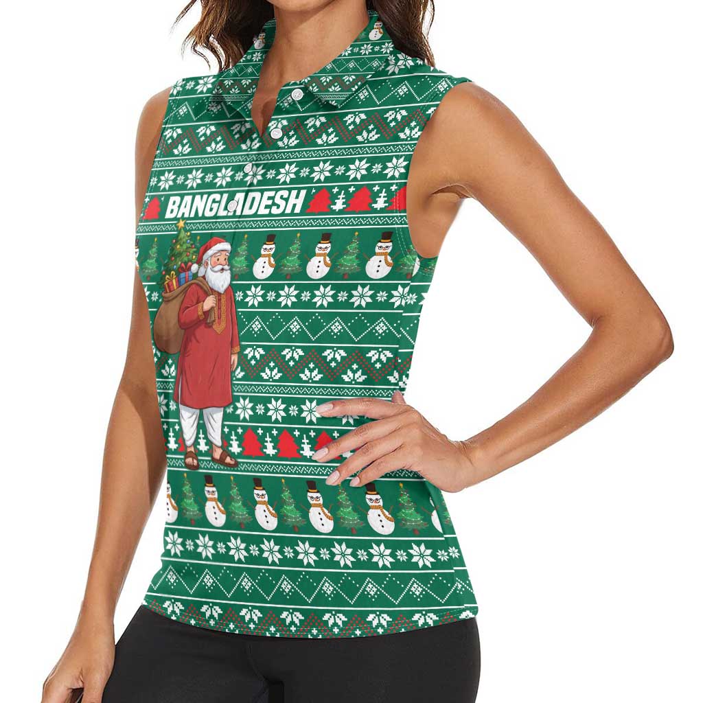 Bangladesh Christmas Women Sleeveless Polo Shirt with Santa Claus in Traditional Outfit Snowman and Tree Pattern - Wonder Print Shop
