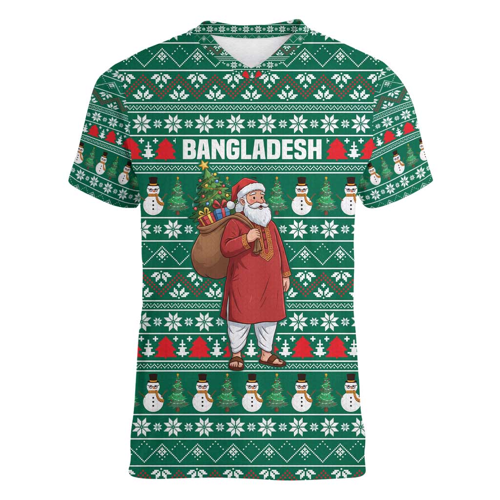 Bangladesh Christmas Women V-Neck T-Shirt with Santa Claus in Traditional Outfit Snowman and Tree Pattern - Wonder Print Shop