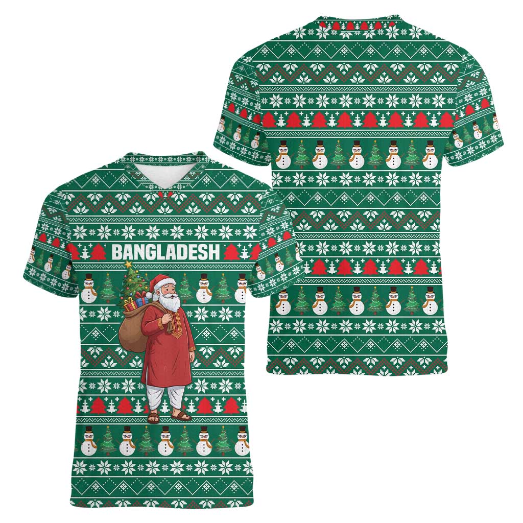 Bangladesh Christmas Women V-Neck T-Shirt with Santa Claus in Traditional Outfit Snowman and Tree Pattern - Wonder Print Shop