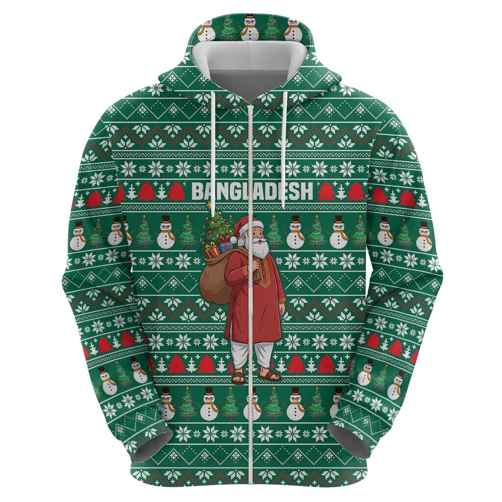 Bangladesh Christmas Zip Hoodie with Santa Claus in Traditional Outfit Snowman and Tree Pattern - Wonder Print Shop