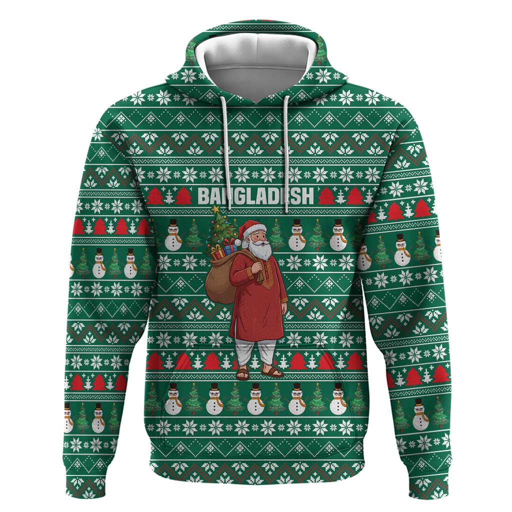 Bangladesh Christmas Zip Hoodie with Santa Claus in Traditional Outfit Snowman and Tree Pattern - Wonder Print Shop