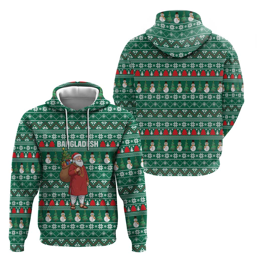 Bangladesh Christmas Zip Hoodie with Santa Claus in Traditional Outfit Snowman and Tree Pattern - Wonder Print Shop