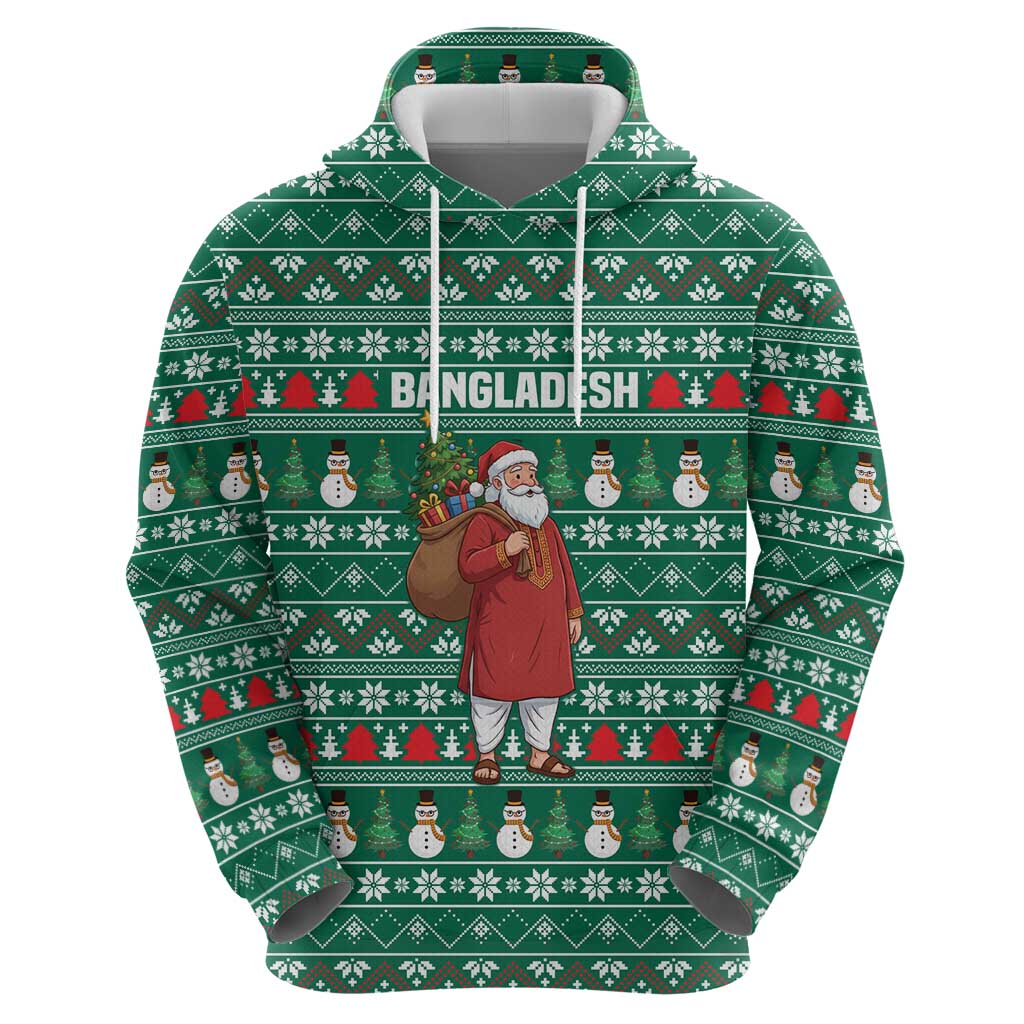 Bangladesh Christmas Zip Hoodie with Santa Claus in Traditional Outfit Snowman and Tree Pattern - Wonder Print Shop