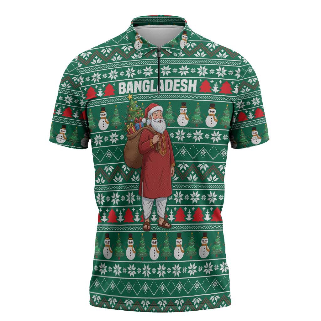 Bangladesh Christmas Zipper Polo Shirt with Santa Claus in Traditional Outfit Snowman and Tree Pattern - Wonder Print Shop