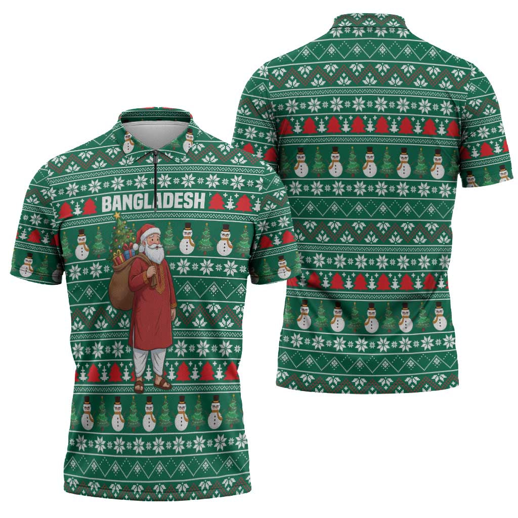 Bangladesh Christmas Zipper Polo Shirt with Santa Claus in Traditional Outfit Snowman and Tree Pattern - Wonder Print Shop