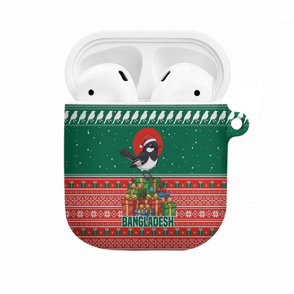 Bangladesh Christmas AirPods Case with Black-Capped Bird Gift Stack and Green Red Snowflake Pattern - Wonder Print Shop