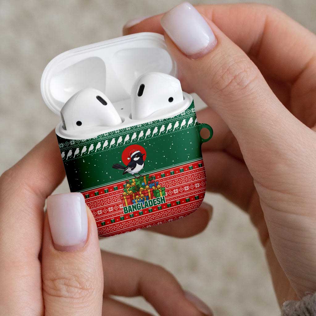 Bangladesh Christmas AirPods Case with Black-Capped Bird Gift Stack and Green Red Snowflake Pattern - Wonder Print Shop