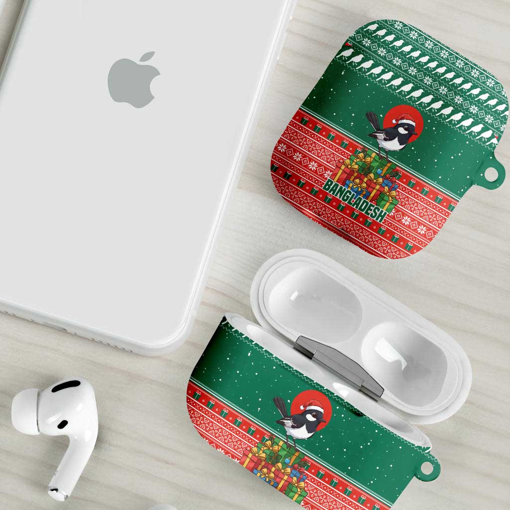 Bangladesh Christmas AirPods Case with Black-Capped Bird Gift Stack and Green Red Snowflake Pattern - Wonder Print Shop