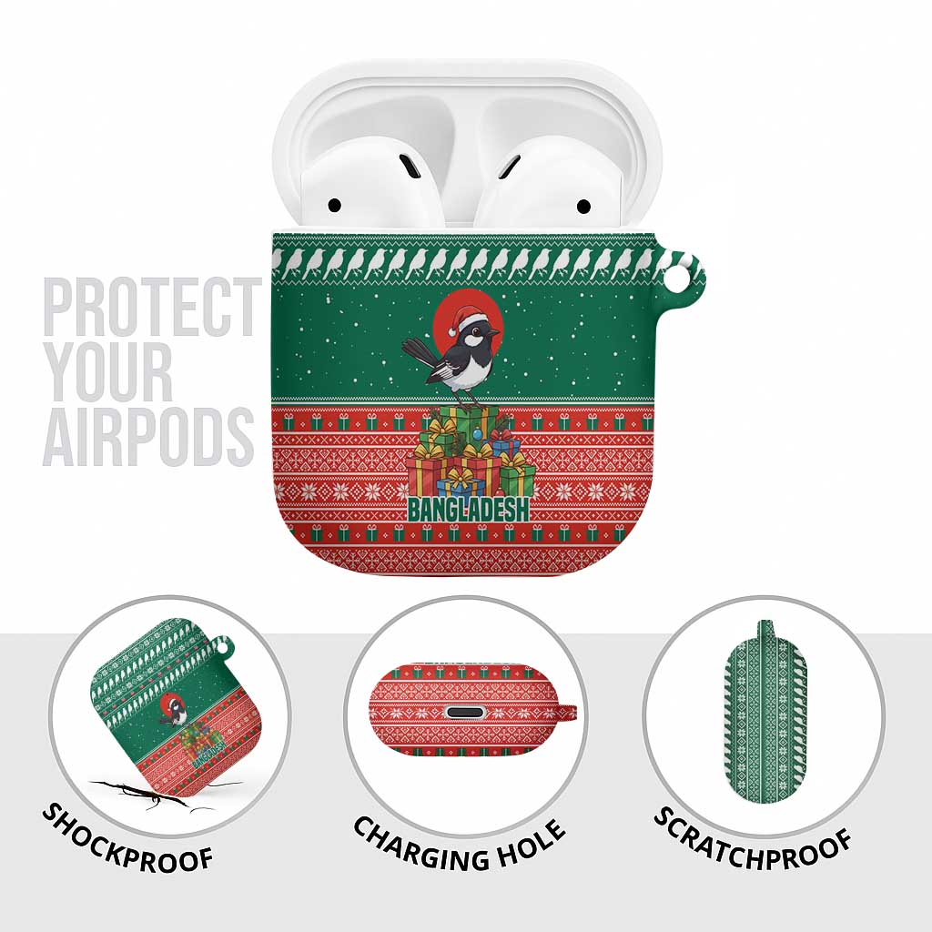 Bangladesh Christmas AirPods Case with Black-Capped Bird Gift Stack and Green Red Snowflake Pattern - Wonder Print Shop