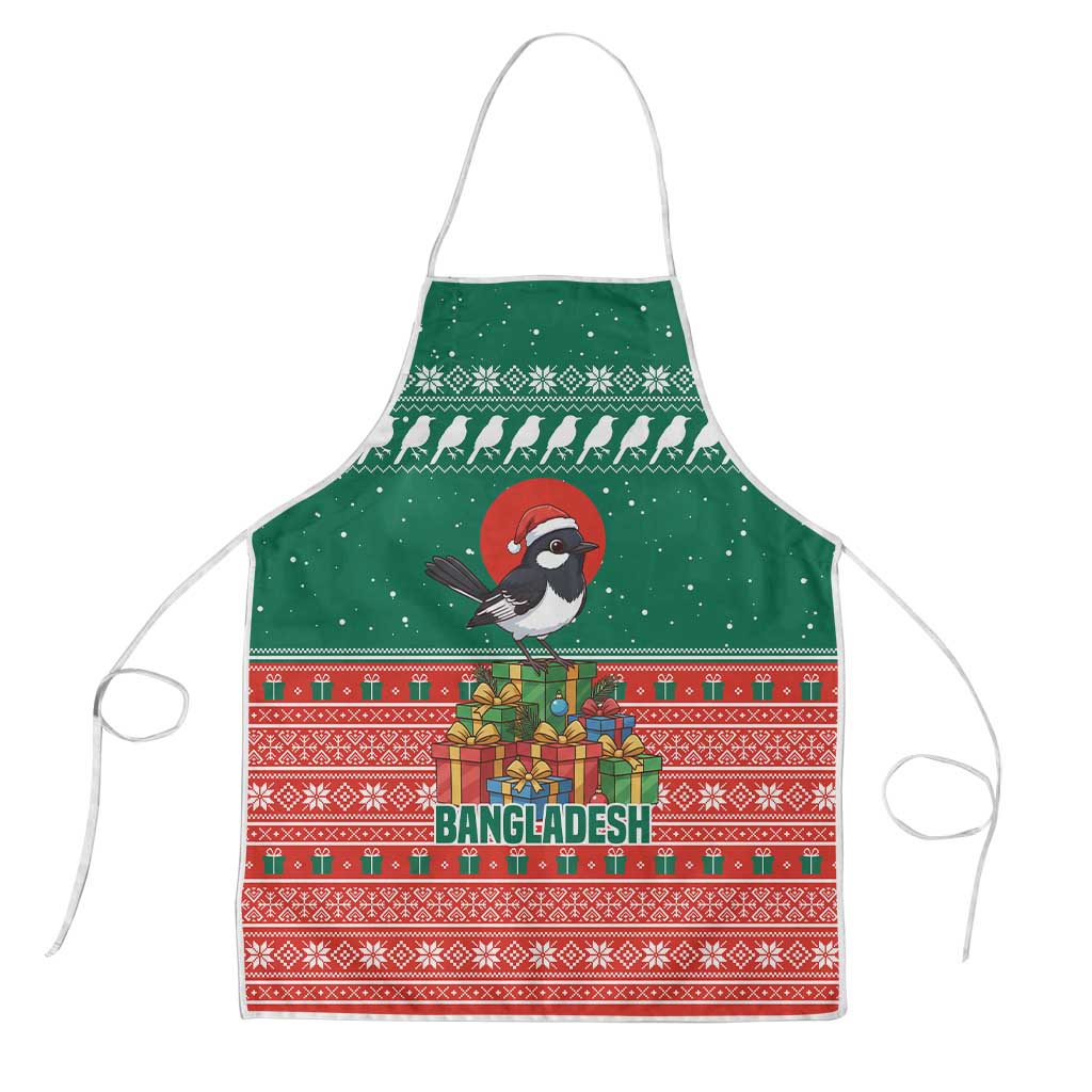 Bangladesh Christmas Apron with Black-Capped Bird Gift Stack and Green Red Snowflake Pattern - Wonder Print Shop