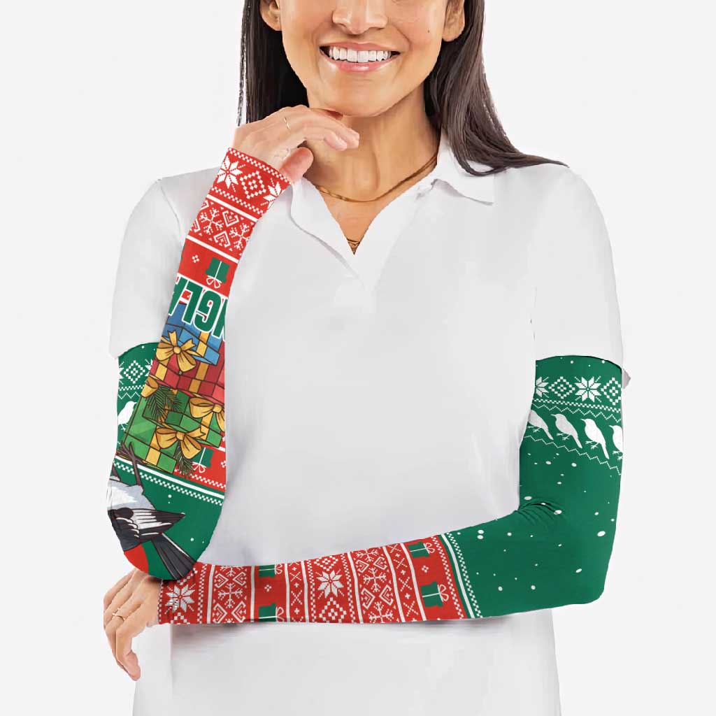 Bangladesh Christmas Arm Sleeves with Black-Capped Bird Gift Stack and Green Red Snowflake Pattern - Wonder Print Shop