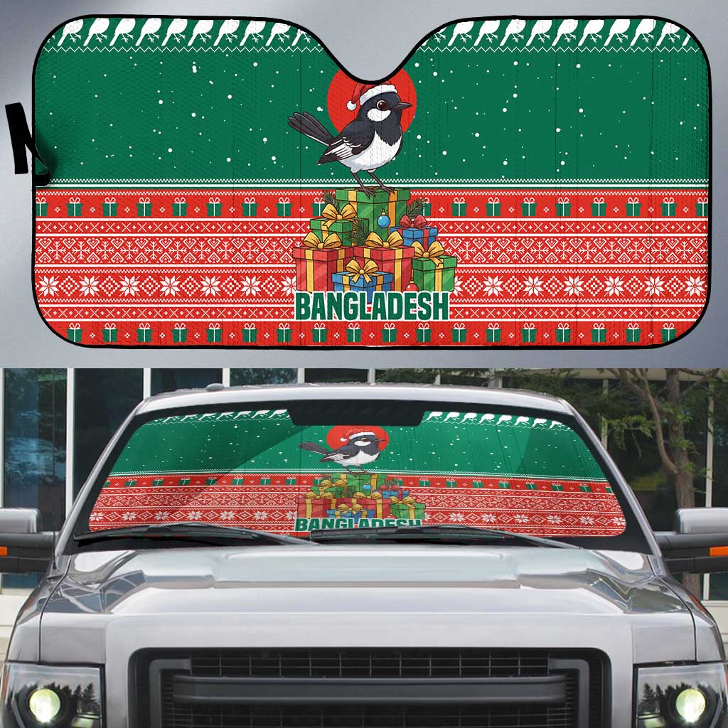 Bangladesh Christmas Auto Sun Shade with Black-Capped Bird Gift Stack and Green Red Snowflake Pattern - Wonder Print Shop