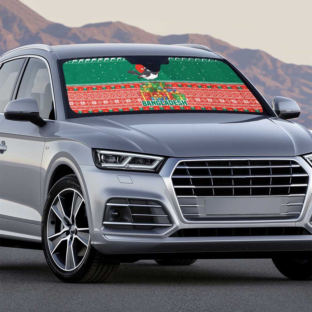 Bangladesh Christmas Auto Sun Shade with Black-Capped Bird Gift Stack and Green Red Snowflake Pattern - Wonder Print Shop