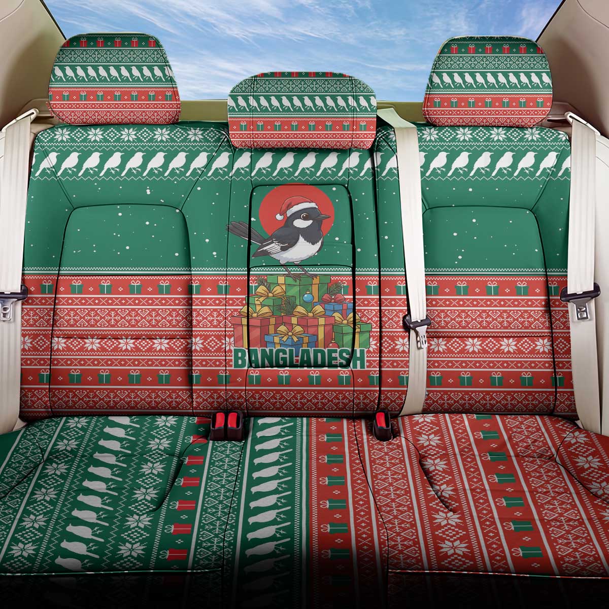 Bangladesh Christmas Back Car Seat Cover with Black-Capped Bird Gift Stack and Green Red Snowflake Pattern - Wonder Print Shop