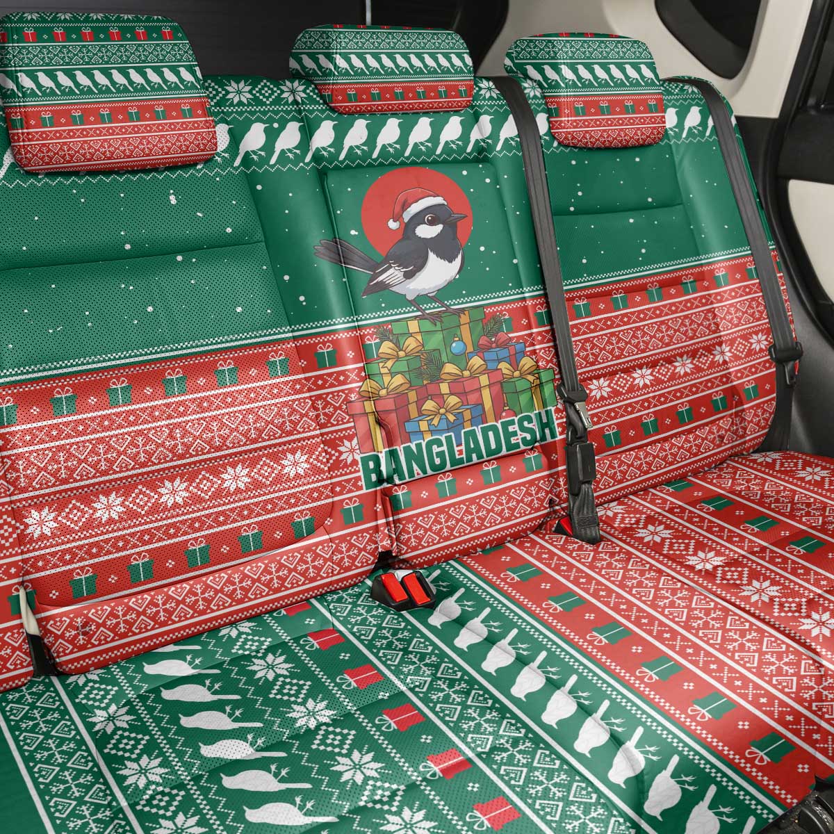 Bangladesh Christmas Back Car Seat Cover with Black-Capped Bird Gift Stack and Green Red Snowflake Pattern - Wonder Print Shop