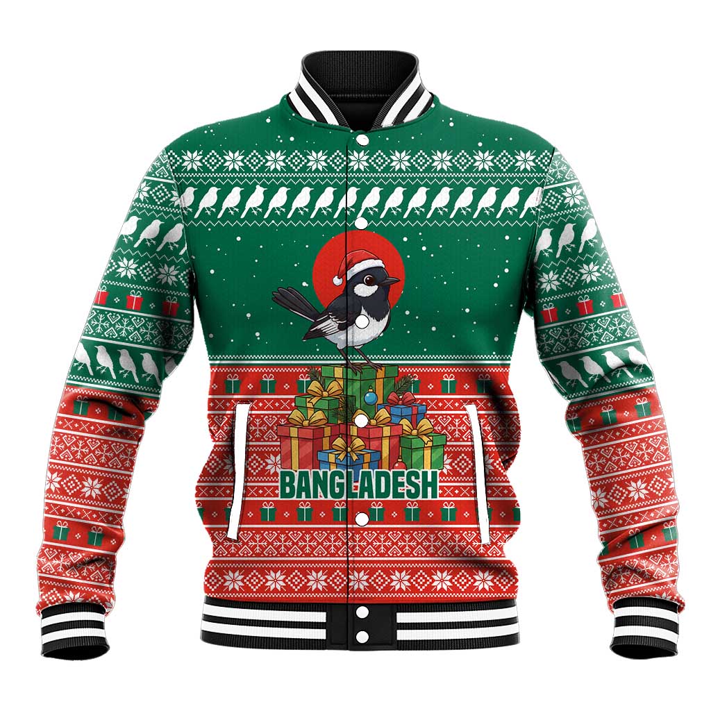 Bangladesh Christmas Baseball Jacket with Black-Capped Bird Gift Stack and Green Red Snowflake Pattern - Wonder Print Shop