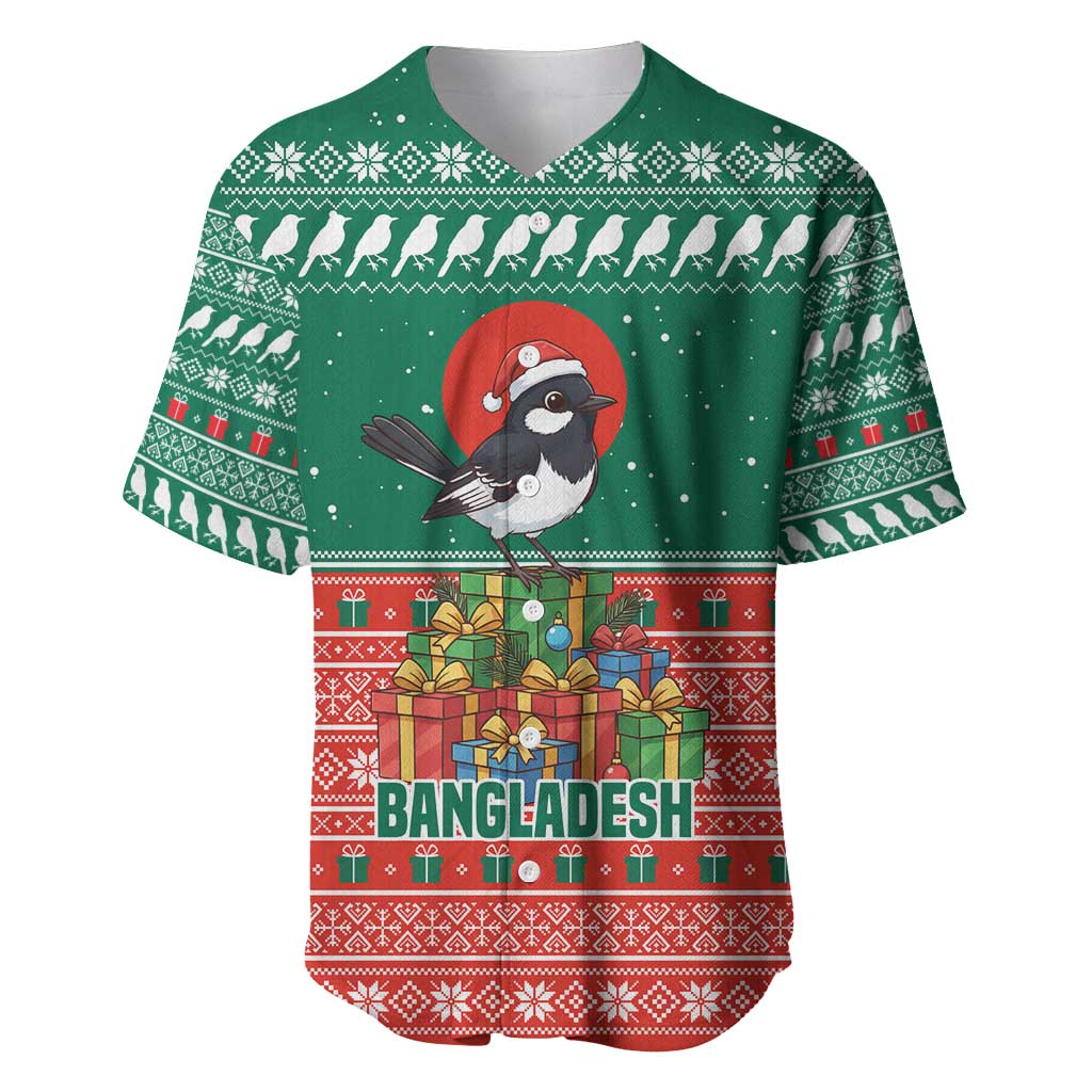 Bangladesh Christmas Baseball Jersey with Black-Capped Bird Gift Stack and Green Red Snowflake Pattern - Wonder Print Shop