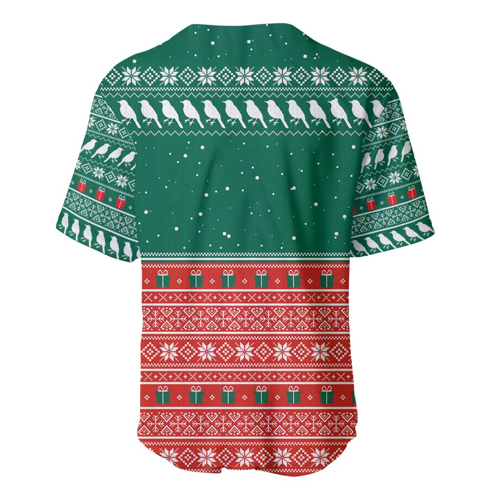 Bangladesh Christmas Baseball Jersey with Black-Capped Bird Gift Stack and Green Red Snowflake Pattern - Wonder Print Shop