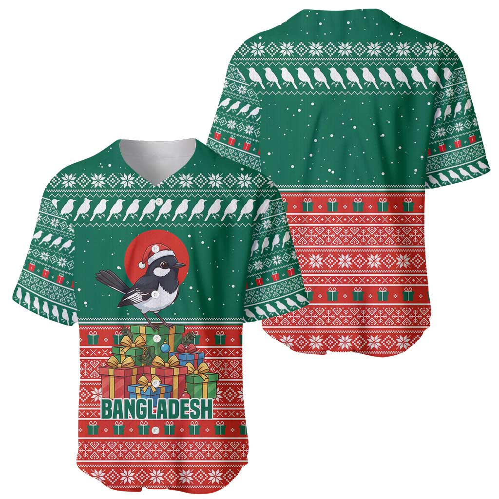 Bangladesh Christmas Baseball Jersey with Black-Capped Bird Gift Stack and Green Red Snowflake Pattern - Wonder Print Shop