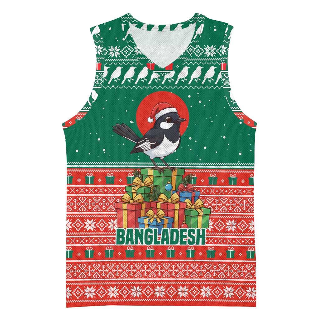 Bangladesh Christmas Basketball Jersey with Black-Capped Bird Gift Stack and Green Red Snowflake Pattern - Wonder Print Shop