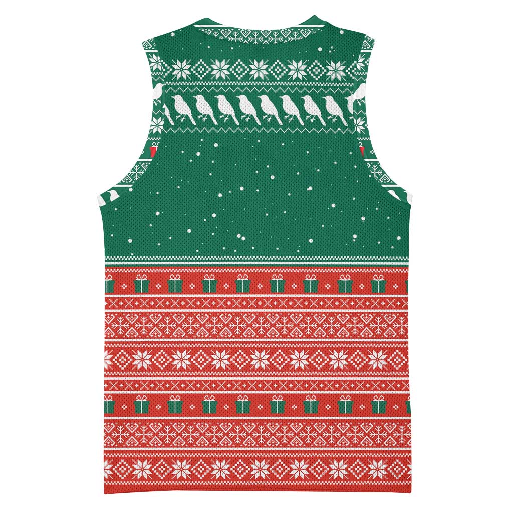 Bangladesh Christmas Basketball Jersey with Black-Capped Bird Gift Stack and Green Red Snowflake Pattern - Wonder Print Shop