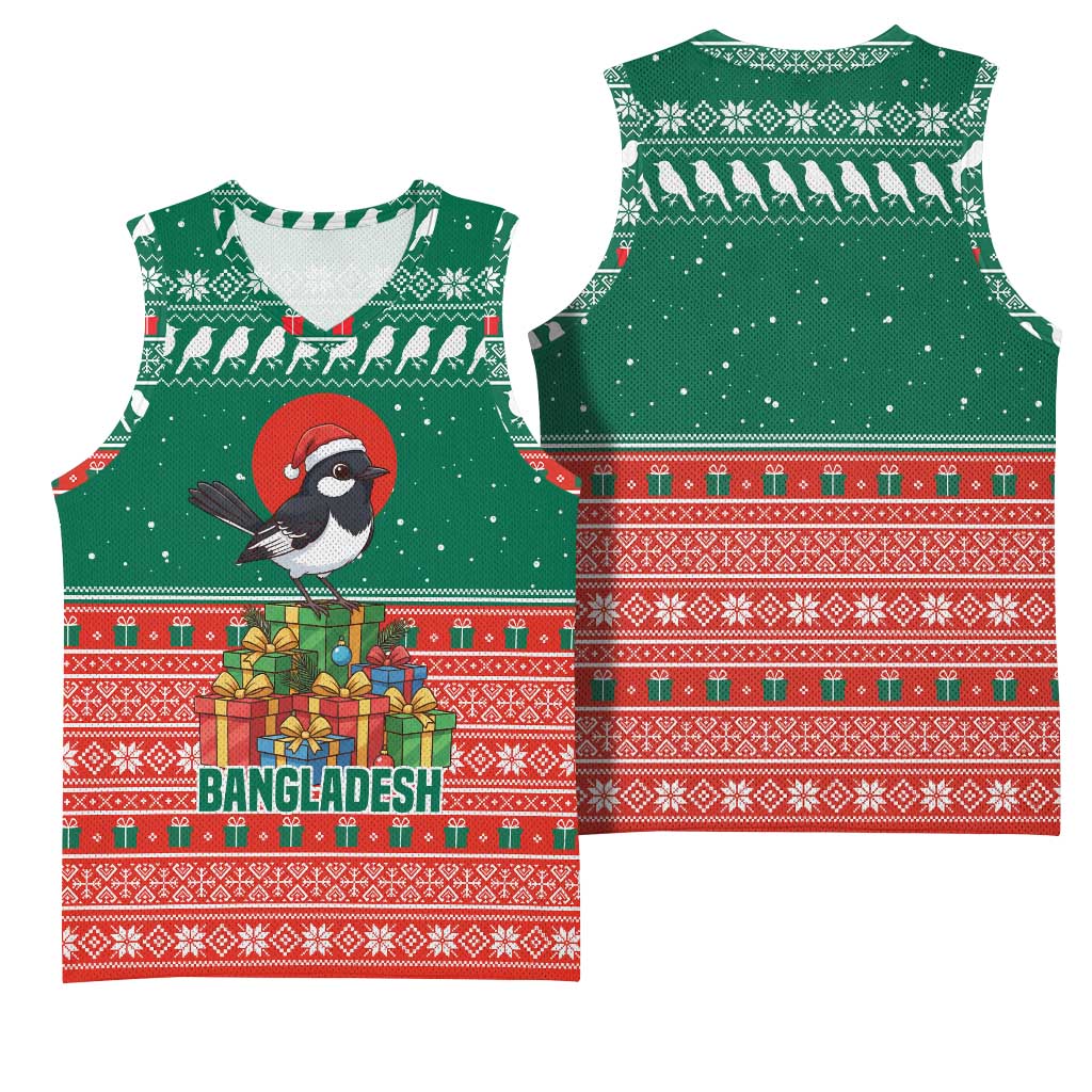 Bangladesh Christmas Basketball Jersey with Black-Capped Bird Gift Stack and Green Red Snowflake Pattern - Wonder Print Shop