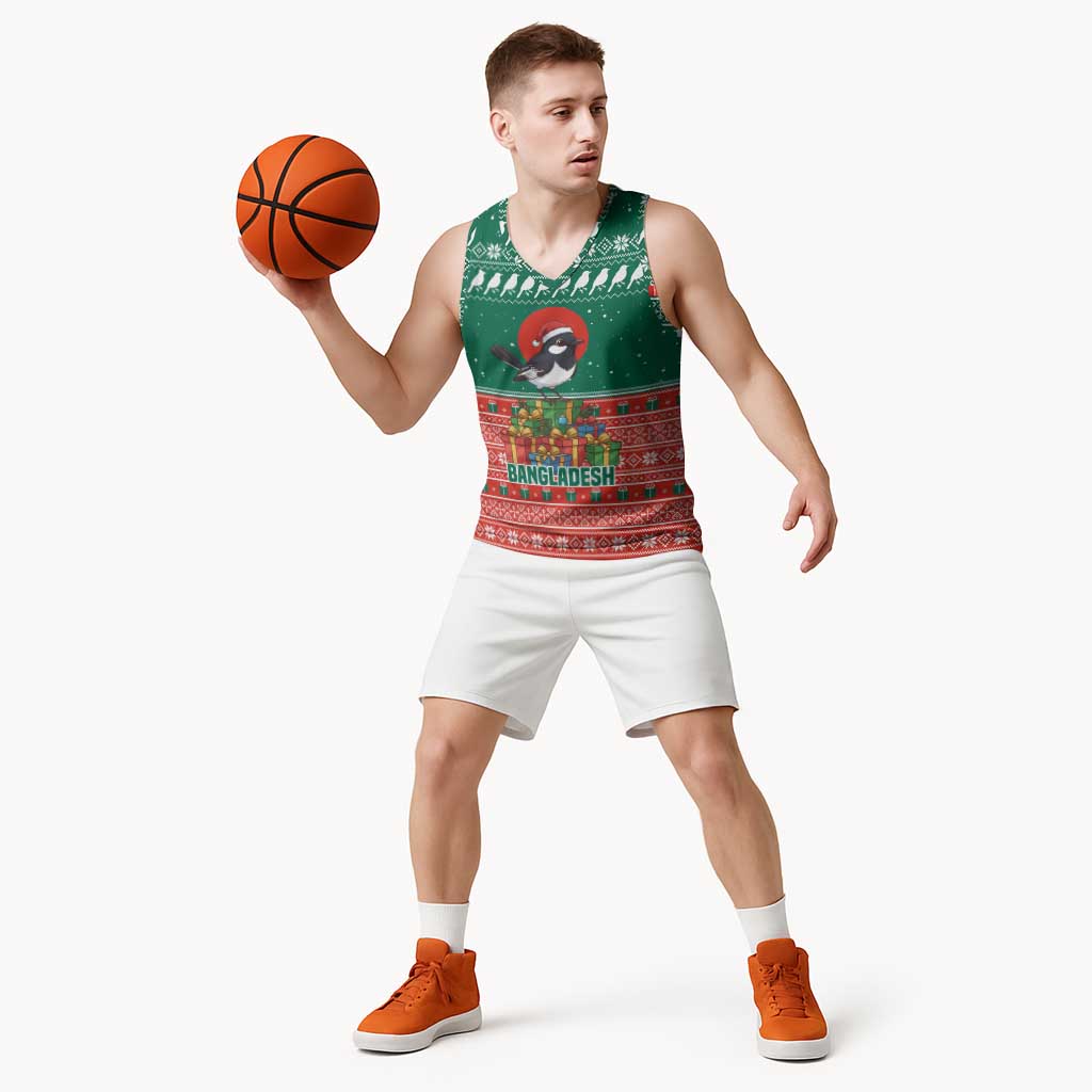 Bangladesh Christmas Basketball Jersey with Black-Capped Bird Gift Stack and Green Red Snowflake Pattern - Wonder Print Shop