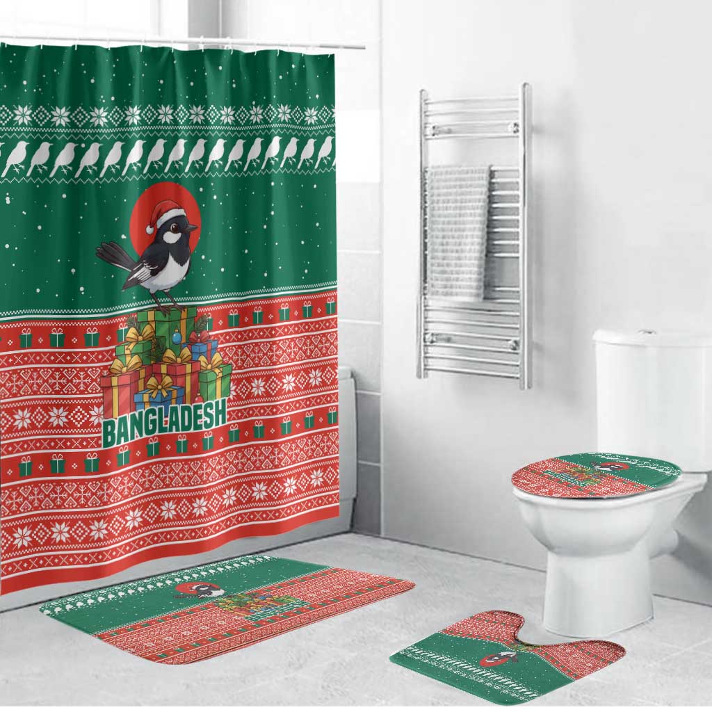 Bangladesh Christmas Bathroom Set with Black-Capped Bird Gift Stack and Green Red Snowflake Pattern - Wonder Print Shop