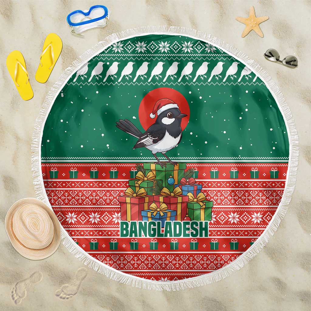 Bangladesh Christmas Beach Blanket with Black-Capped Bird Gift Stack and Green Red Snowflake Pattern - Wonder Print Shop