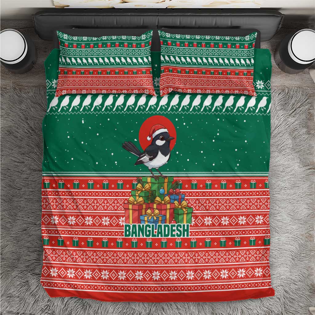 Bangladesh Christmas Bedding Set with Black-Capped Bird Gift Stack and Green Red Snowflake Pattern - Wonder Print Shop