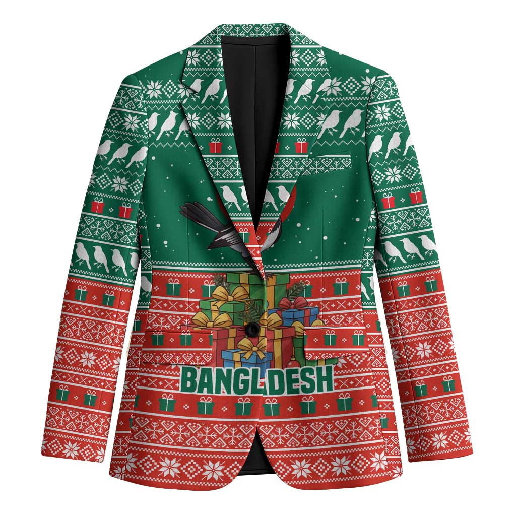 Bangladesh Christmas Blazer with Black-Capped Bird Gift Stack and Green Red Snowflake Pattern - Wonder Print Shop