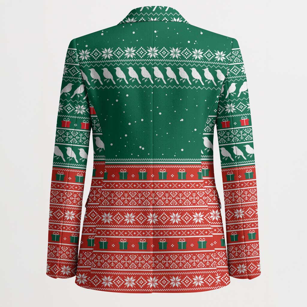 Bangladesh Christmas Blazer with Black-Capped Bird Gift Stack and Green Red Snowflake Pattern - Wonder Print Shop