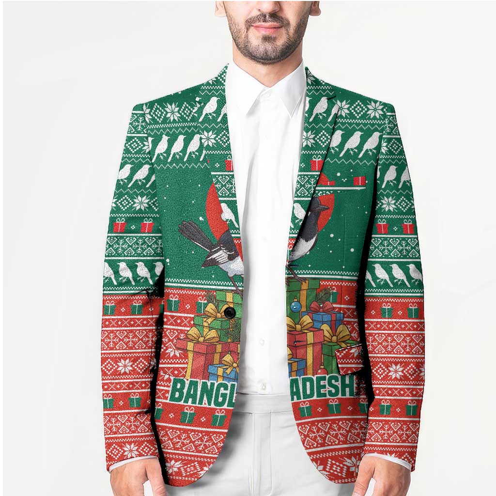 Bangladesh Christmas Blazer with Black-Capped Bird Gift Stack and Green Red Snowflake Pattern - Wonder Print Shop