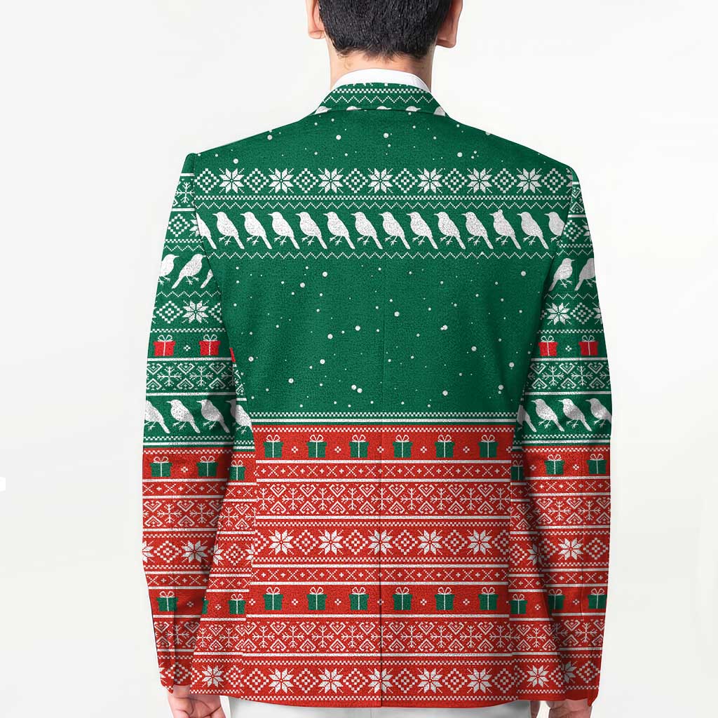 Bangladesh Christmas Blazer with Black-Capped Bird Gift Stack and Green Red Snowflake Pattern - Wonder Print Shop