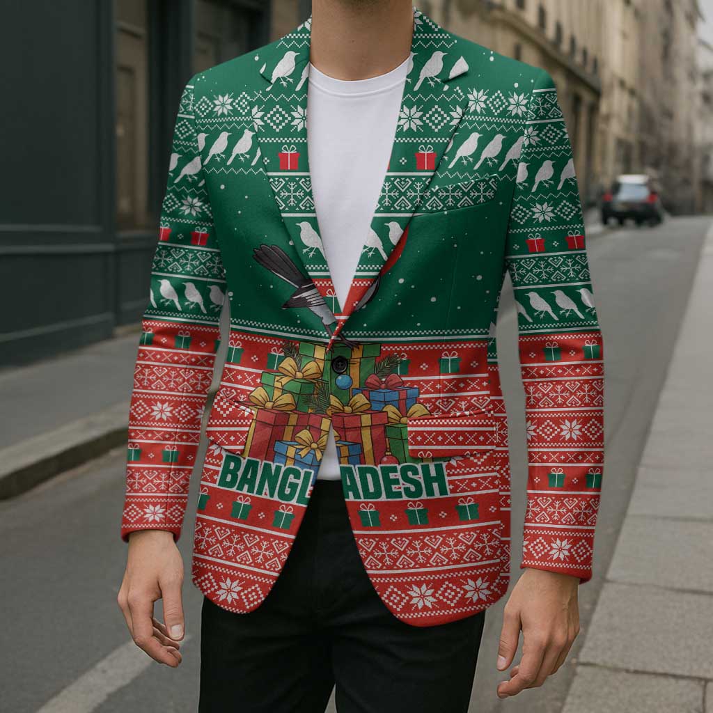 Bangladesh Christmas Blazer with Black-Capped Bird Gift Stack and Green Red Snowflake Pattern - Wonder Print Shop