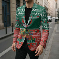 Bangladesh Christmas Blazer with Black-Capped Bird Gift Stack and Green Red Snowflake Pattern - Wonder Print Shop