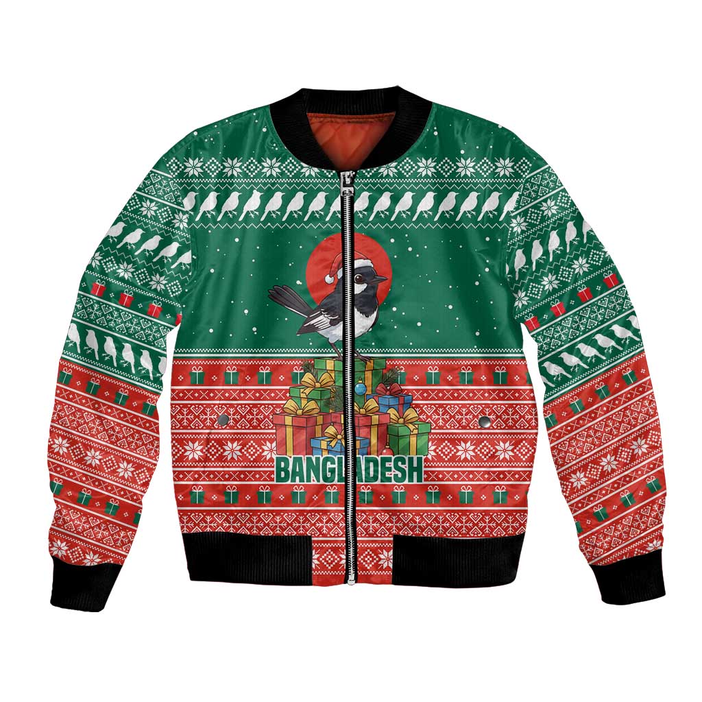 Bangladesh Christmas Bomber Jacket with Black-Capped Bird Gift Stack and Green Red Snowflake Pattern - Wonder Print Shop