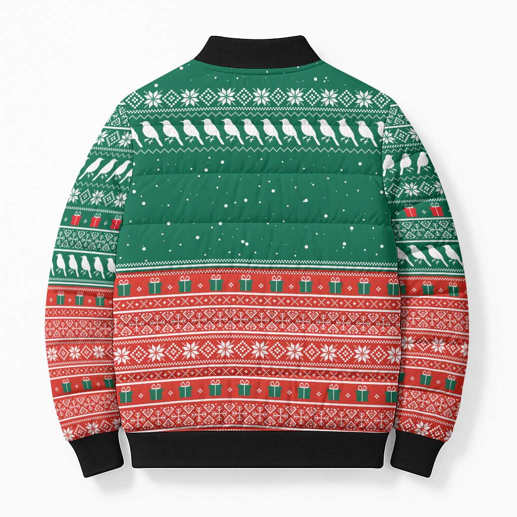Bangladesh Christmas Bomber Puffer Jacket with Black-Capped Bird Gift Stack and Green Red Snowflake Pattern - Wonder Print Shop