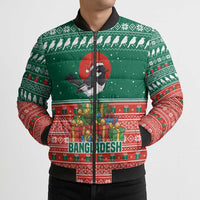 Bangladesh Christmas Bomber Puffer Jacket with Black-Capped Bird Gift Stack and Green Red Snowflake Pattern - Wonder Print Shop