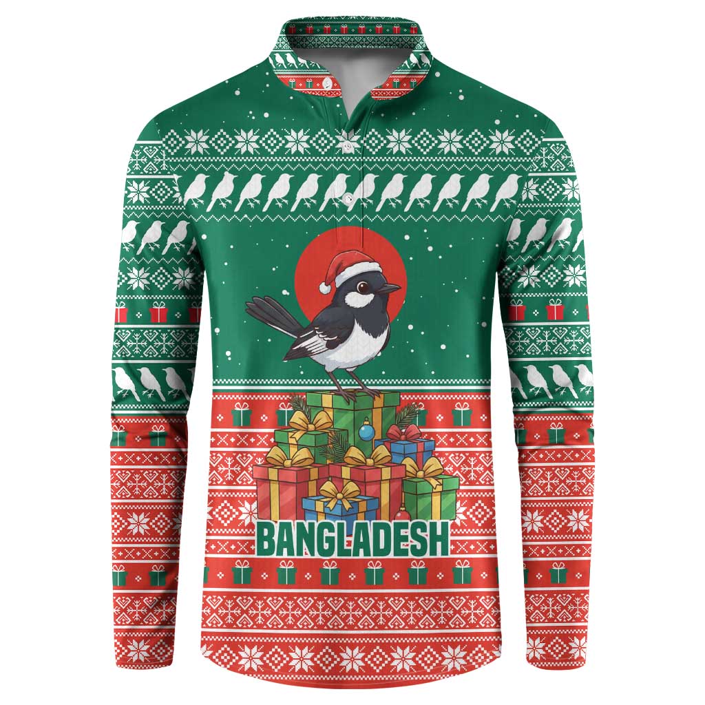 Bangladesh Christmas Button Sweatshirt with Black-Capped Bird Gift Stack and Green Red Snowflake Pattern - Wonder Print Shop