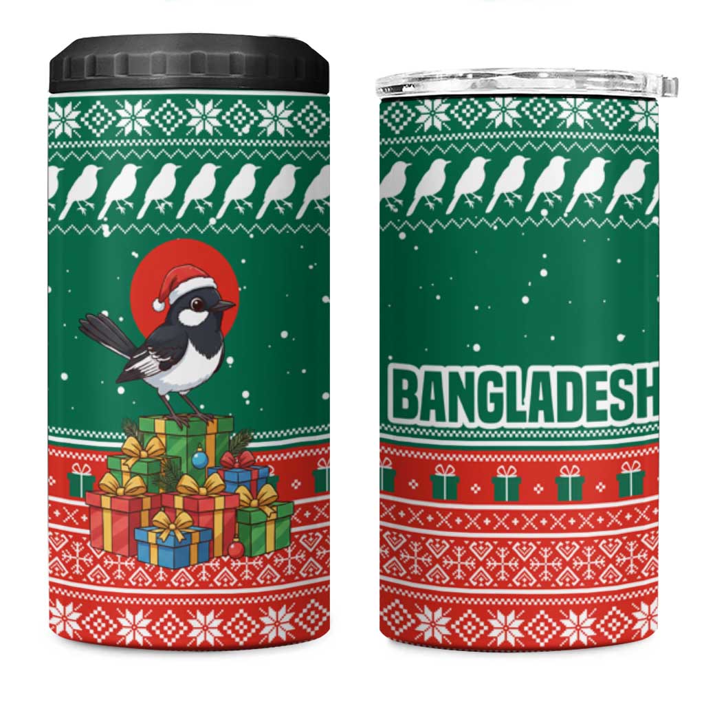 Bangladesh Christmas 4 in 1 Can Cooler Tumbler with Black-Capped Bird Gift Stack and Green Red Snowflake Pattern - Wonder Print Shop
