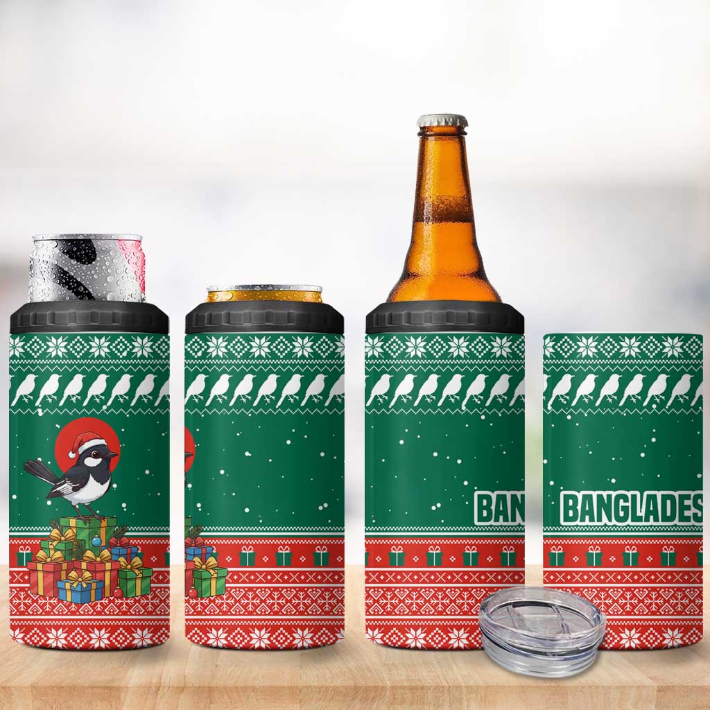 Bangladesh Christmas 4 in 1 Can Cooler Tumbler with Black-Capped Bird Gift Stack and Green Red Snowflake Pattern - Wonder Print Shop