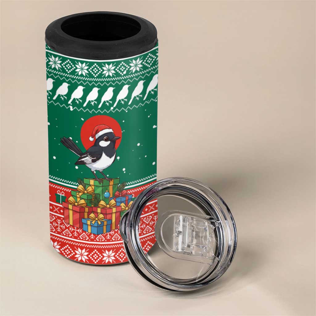Bangladesh Christmas 4 in 1 Can Cooler Tumbler with Black-Capped Bird Gift Stack and Green Red Snowflake Pattern - Wonder Print Shop