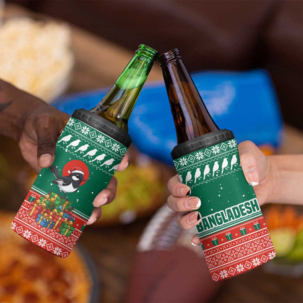 Bangladesh Christmas 4 in 1 Can Cooler Tumbler with Black-Capped Bird Gift Stack and Green Red Snowflake Pattern - Wonder Print Shop