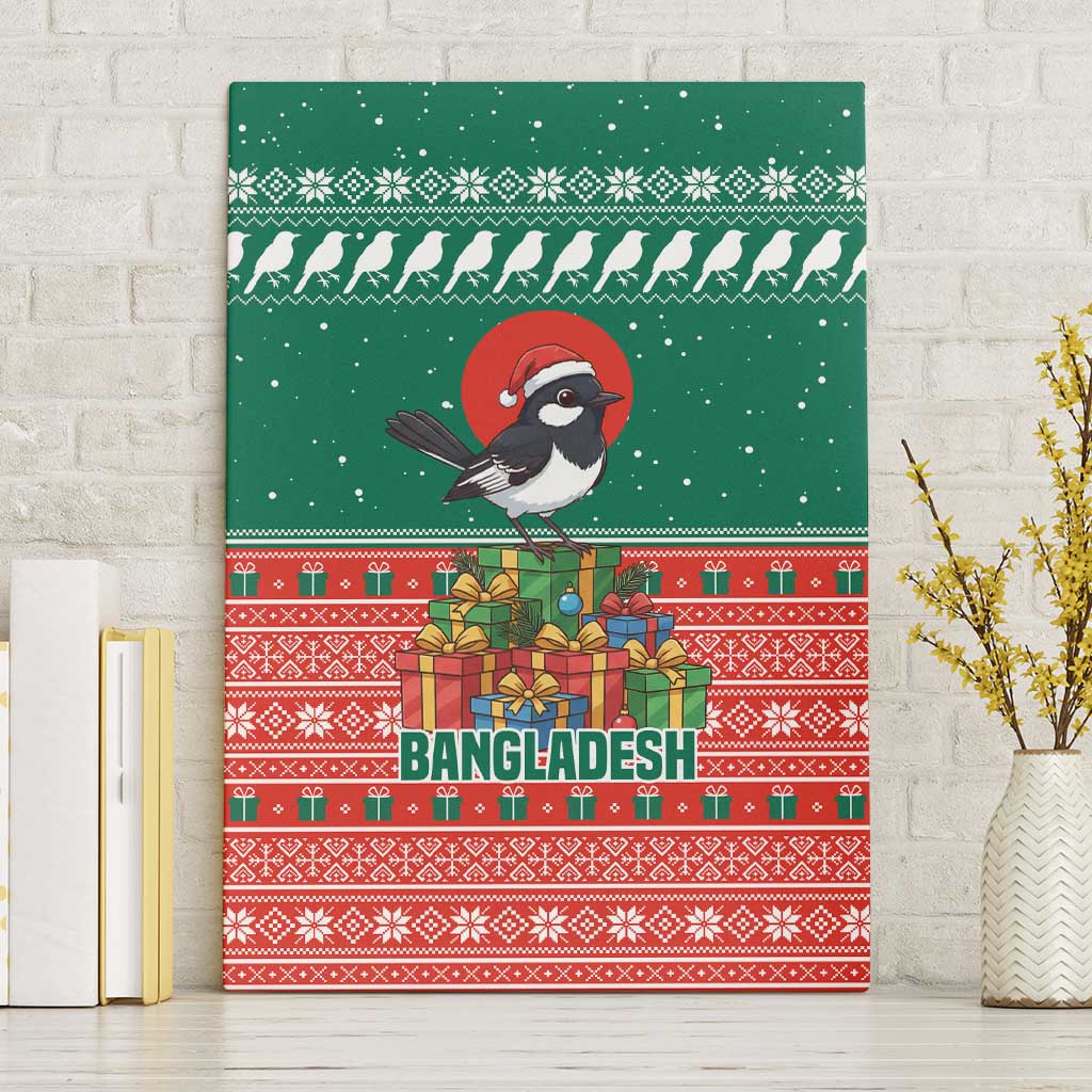 Bangladesh Christmas Canvas Wall Art with Black-Capped Bird Gift Stack and Green Red Snowflake Pattern - Wonder Print Shop