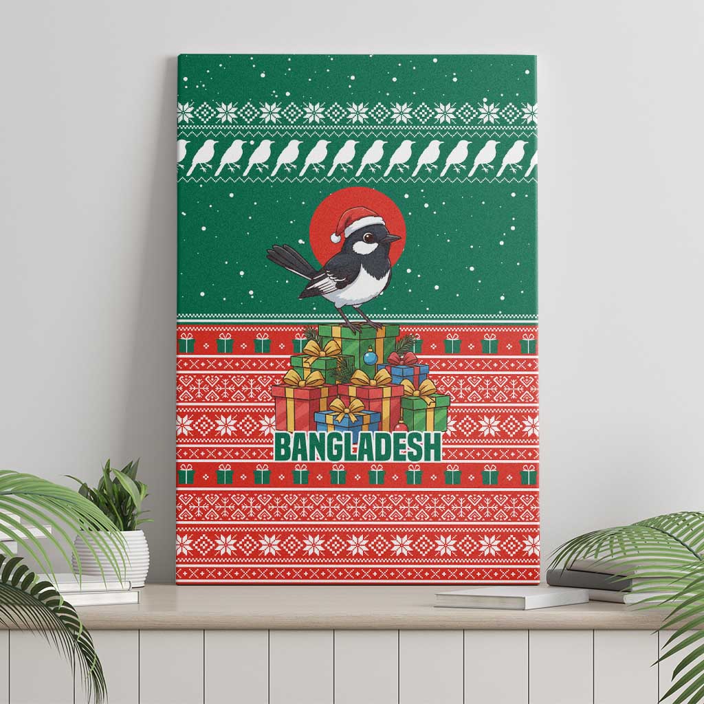 Bangladesh Christmas Canvas Wall Art with Black-Capped Bird Gift Stack and Green Red Snowflake Pattern - Wonder Print Shop